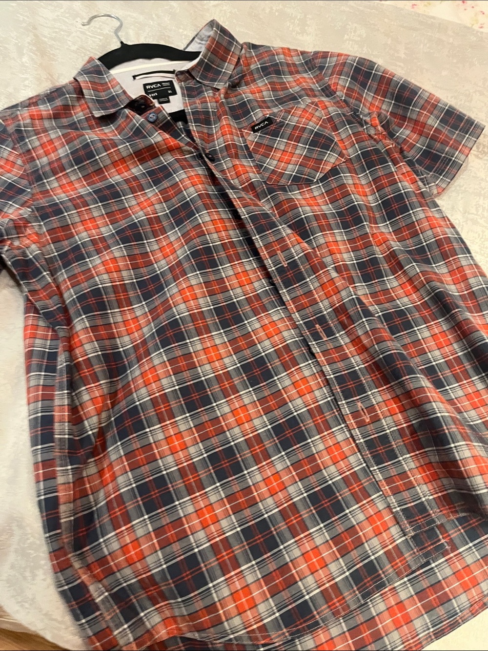 RVCA Boys Orange & Grey Plaid Short Sleeve Button-Up Shirt